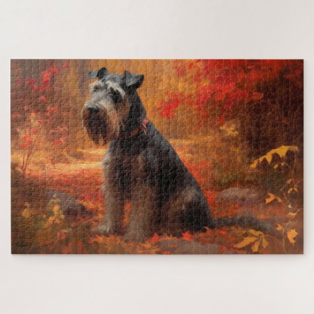 Schnauzer im Herbst Leaves Fall Inspiriert Puzzle (Horizontal)