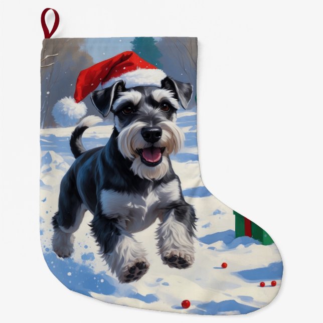Schnauzer läuft im Schnee mit Weihnachtshut Großer Weihnachtsstrumpf (Vorderseite)