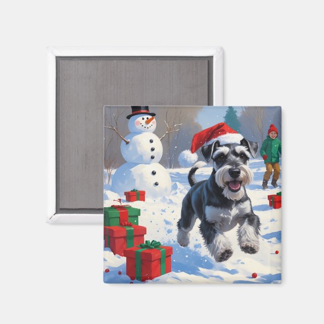 Schnauzer läuft im Schnee mit Weihnachtshut Magnet (Vorderseite/Rückseite)