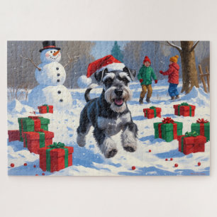 Schnauzer läuft im Schnee mit Weihnachtshut Puzzle