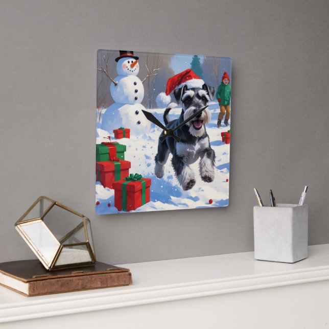 Schnauzer läuft im Schnee mit Weihnachtshut Quadratische Wanduhr (Büro)