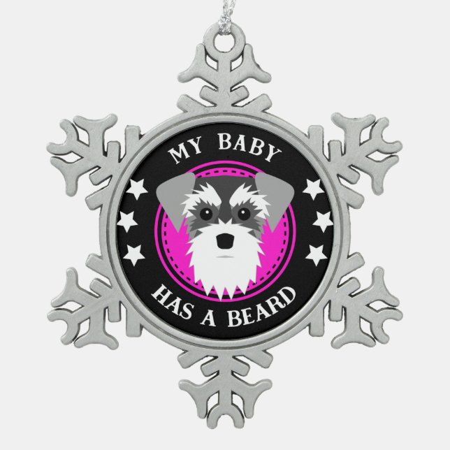 Schnauzer, mein Baby, hat einen Bärenfreund Schneeflocken Zinn-Ornament (Vorderseite)