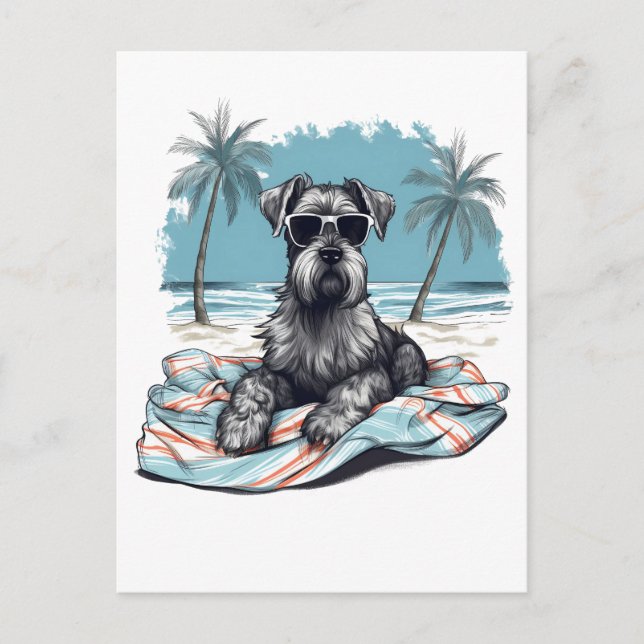 Schnauzer mit Sonnenbrille am Strand Postkarte (Vorderseite)