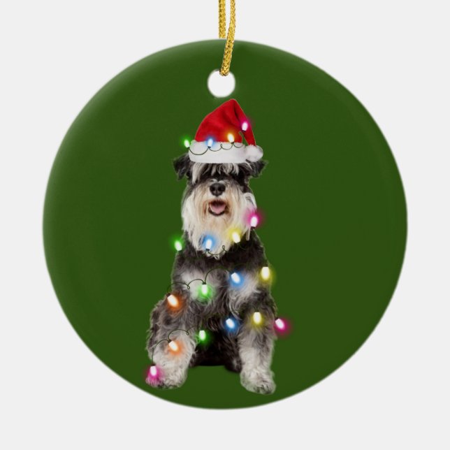 Schnauzer mit Weihnachtssaftler Weihnachtsmannmütz Keramik Ornament (Vorne)