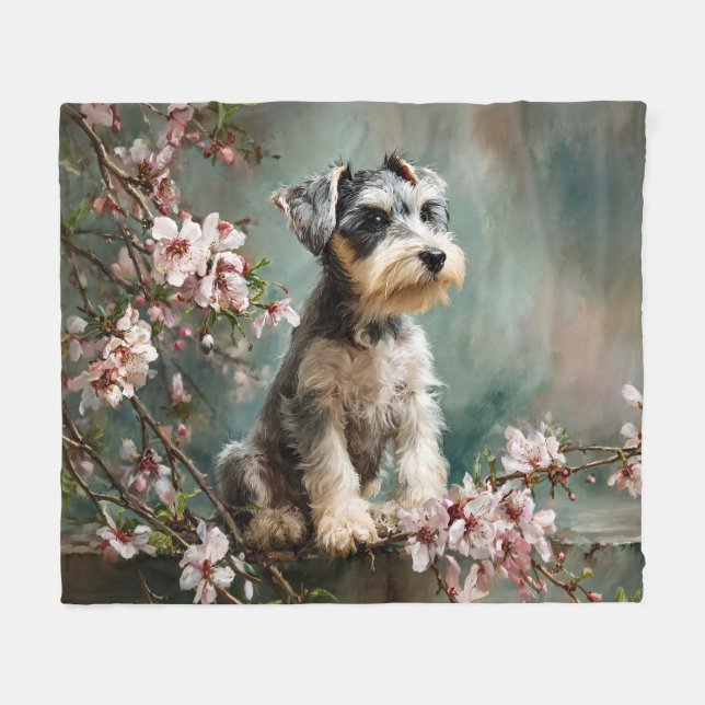 Schnauzer Puppy Among Spring Cherry Blossoms Fleecedecke (Vorderseite (Horizontal))