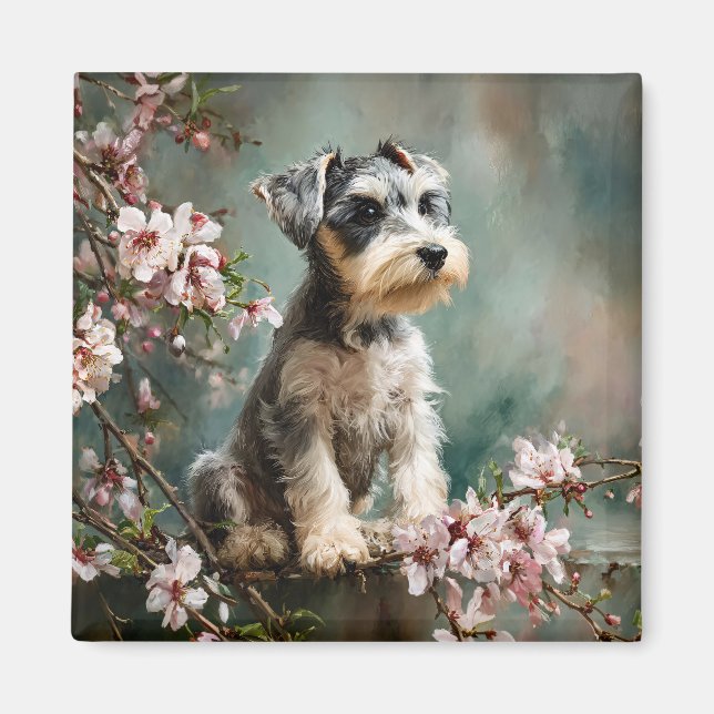 Schnauzer Puppy Among Spring Cherry Blossoms Magnet (Vorne)