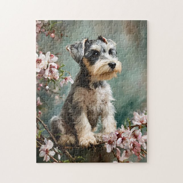 Schnauzer Puppy Among Spring Cherry Blossoms Puzzle (Vertikal)