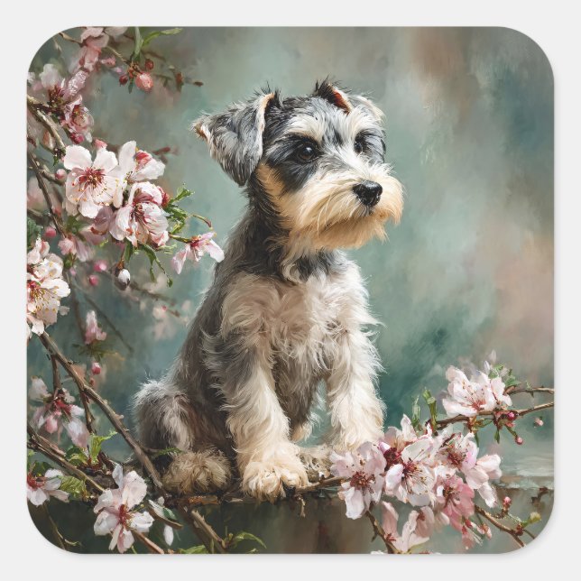 Schnauzer Puppy Among Spring Cherry Blossoms Quadratischer Aufkleber (Vorderseite)