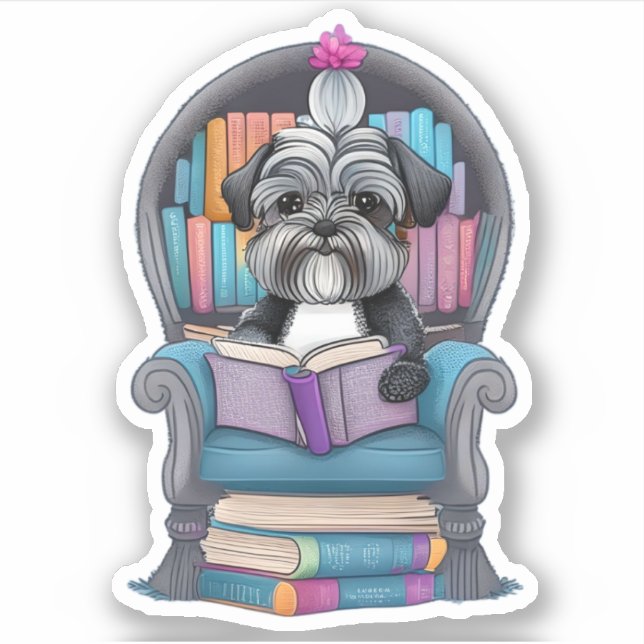 Schnauzer Puppy Reading Book Sticker (Vorderseite)