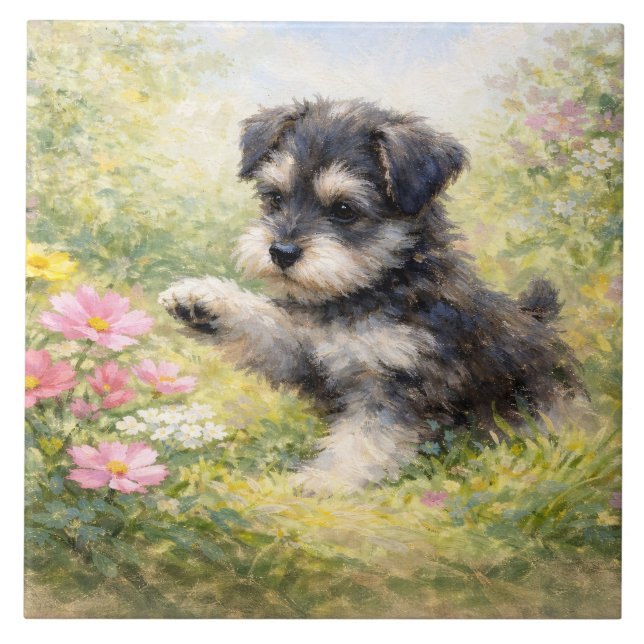 Schnauzer Puppy Springtime Flowers Fliese (Vorderseite)