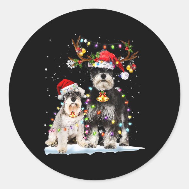 Schnauzer Reindeer Weihnachtsmannmütze Xmas Lights Runder Aufkleber (Vorderseite)