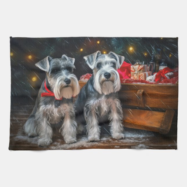 Schnauzer Snowy Sleigh Weihnachtsdekor Geschirrtuch (Horizontal)