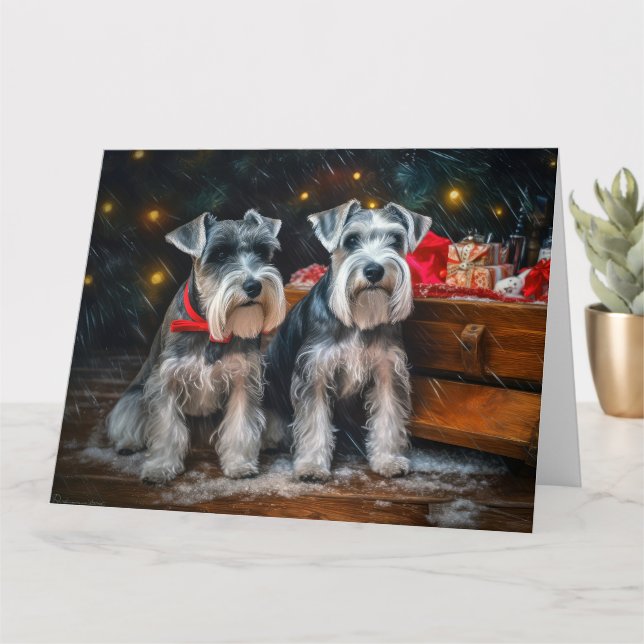 Schnauzer Snowy Sleigh Weihnachtsdekor Karte (Kleine Pflanze)