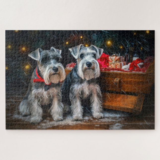 Schnauzer Snowy Sleigh Weihnachtsdekor Puzzle (Horizontal)