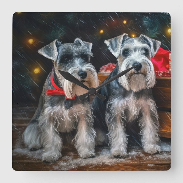 Schnauzer Snowy Sleigh Weihnachtsdekor Quadratische Wanduhr (Vorderseite)