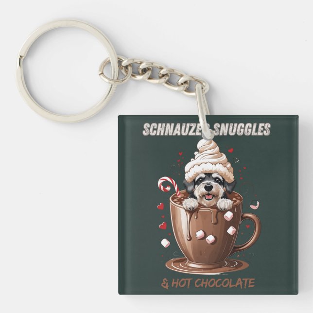 Schnauzer Snuggles & Hot Chocolate Schlüsselanhänger (Vorderseite)