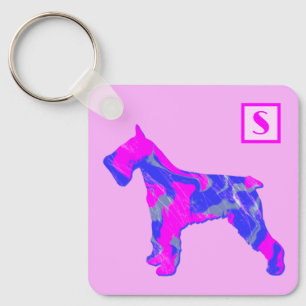 Schnauzer Süßer Hund Rosa & Blaue Silhouette Monog Schlüsselanhänger