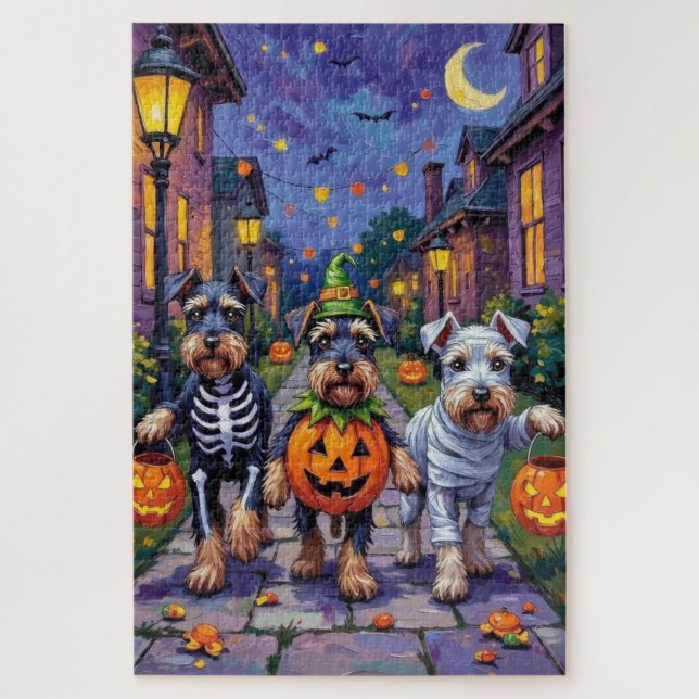 Schnauzer Trick-or-Treating in Halloween Costumes Puzzle (Vertikal)