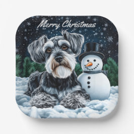 Schnauzer und Snowman Weihnachten Pappteller