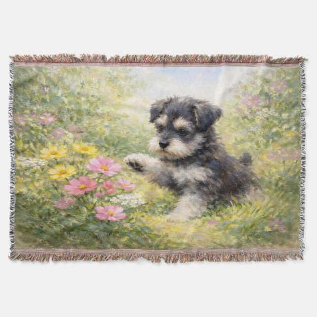 Schnauzer-Welpe Frühlingsblumen Decke (Vorderseite)