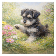 Schnauzer-Welpe Frühlingsblumen