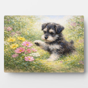 Schnauzer-Welpe Frühlingsblumen Fotoplatte