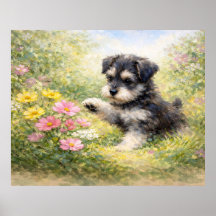 Schnauzer-Welpe Frühlingsblumen