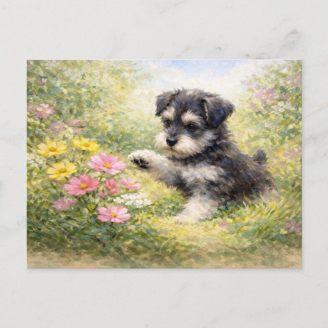 Schnauzer-Welpe Frühlingsblumen Postkarte (Vorderseite)