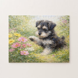 Schnauzer-Welpe Frühlingsblumen Puzzle