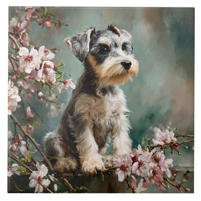 Schnauzer-Welpe unter Frühlings-Kirschblüten Fliese (Vorderseite)