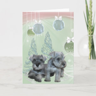 Schnauzer Welpen Pink & Green Weihnachtskarte Feiertagskarte