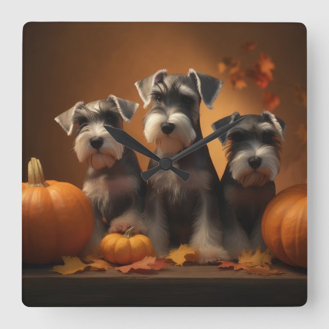 Schnauzer Welppy Autumn Delight Pumpkin Quadratische Wanduhr (Vorderseite)