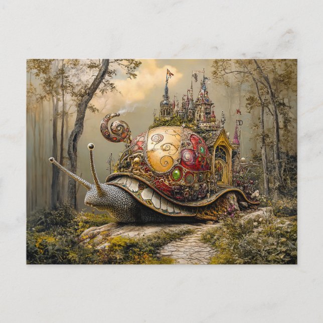 Schnecke mit Burg auf der Muschel in Fantasy Szene Postkarte (Vorderseite)