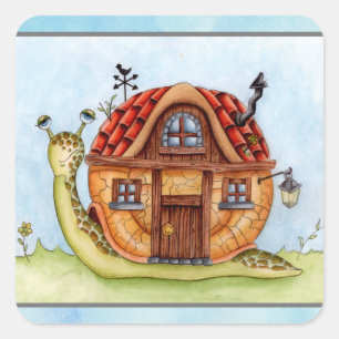 Schnecke mit Haus auf der Rückseite Aquarellmalere Quadratischer Aufkleber