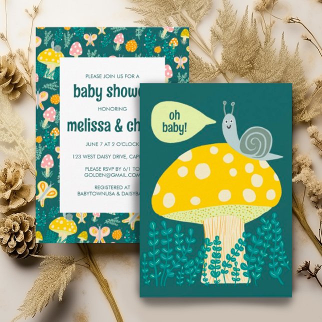 Schnecke Pilze Niedlich Adorable CUSTOM BABY DUSCH Einladung (Cute snail, mushroom, ladybug and butterfly colorful custom baby shower invitation. Gender neutral)