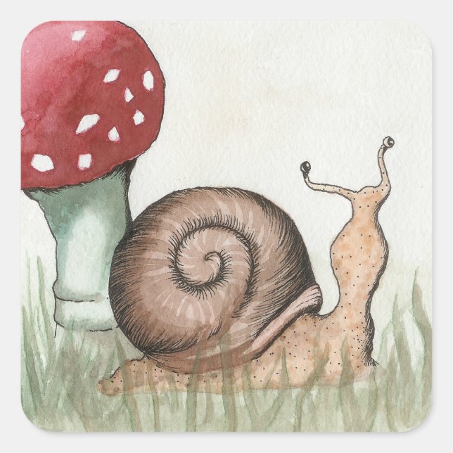 Schnecke und Pilze Quadratischer Aufkleber (Vorderseite)