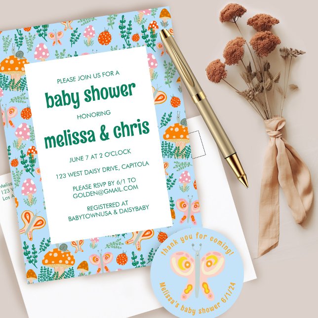 Schneckenschmetterling Niedliche KUSTOM BABY DUSCH Einladungspostkarte (Snail Mushroom Butterfly Cute CUSTOM BABY SHOWER Invitation Postcard
)
