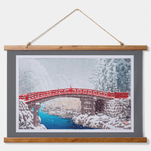 Schnee auf der heiligen Brücke in Nikkô, Hasui Wandteppich Mit Holzrahmen