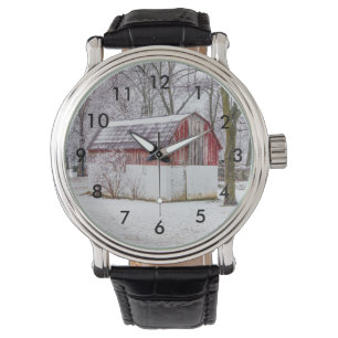 Schnee auf der roten Scheune Armbanduhr