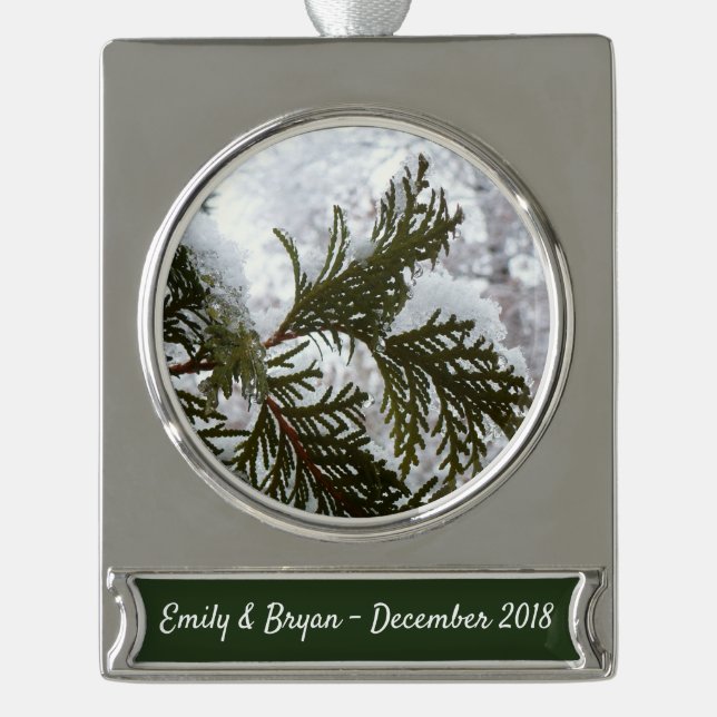 Schnee auf Evergreen Branchen Banner-Ornament Silber (Vorderseite)