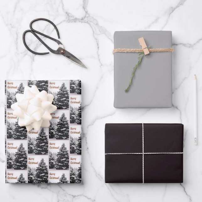 Schnee & Bäume Weihnachten Weihnachten Schwarz & W Geschenkpapier Set (Vorderseite)