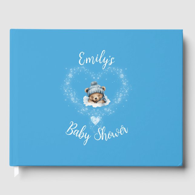 Schnee begeistert Blue Teddy Bear Baby Dusche Gästebuch (Vorderseite)