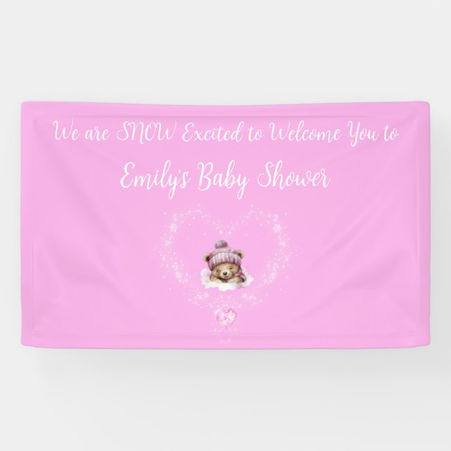 Schnee begeistert Pink Teddy Bear Baby Dusche Banner (Horizontal)