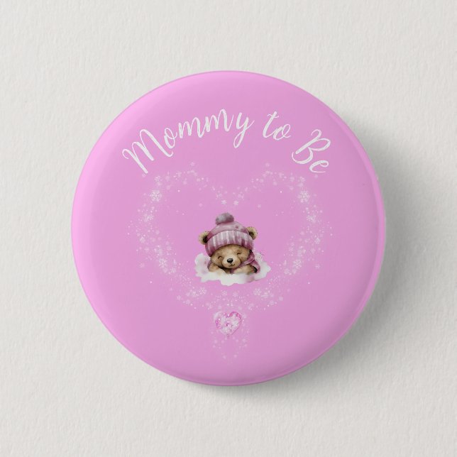 Schnee begeistert Pink Teddy Bear Baby Dusche Button (Vorderseite)