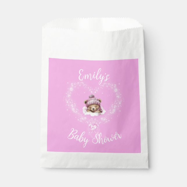 Schnee begeistert Pink Teddy Bear Baby Dusche Geschenktütchen (Vorderseite)