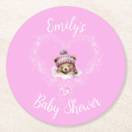 Schnee begeistert Pink Teddy Bear Baby Dusche Runder Pappuntersetzer