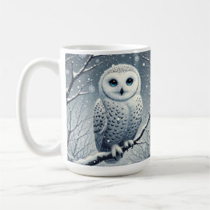 Schnee-Eule auf winterlichem Ast sitzend Kaffeetasse
