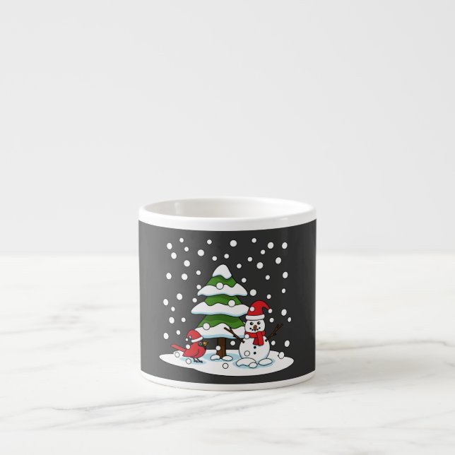 Schnee fällt auf Kardinal, Schneemann und Pine Tre Espressotasse (Vorderseite)