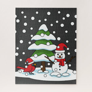 Schnee fällt auf Kardinal, Schneemann und Pine Tre Puzzle