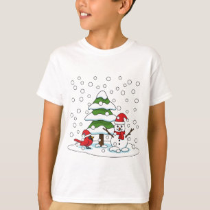 Schnee fällt auf Kardinal, Schneemann und Pine Tre T-Shirt